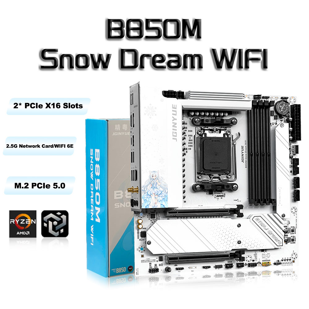 Am5 Micro Atx Pcie 5.0 Motherboard - JGINYUE B850M Snow Dream：Wi-Fi対応ゲーミングマザーボード、AM5ソケット、M-ATXフォームファクター、DDR5メモリ、Wi-Fi6E、2.5GbE LAN、3つのM.2スロット、ARGB対応、AMD Ryzen